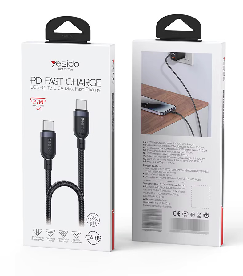 YESIDO 1.2M PD 27W Fast Charging Type-C to IP Max With 480Mbps Data Transfer Braided Data Cable CA189