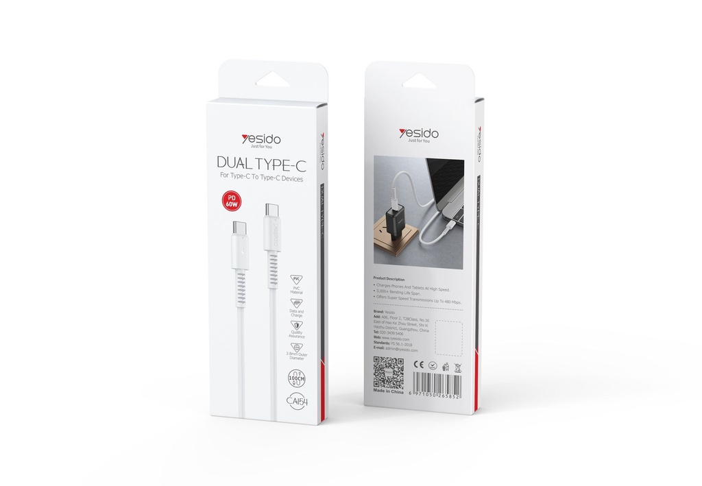 YESIDO CA154 1Meter 60W PVC Cable | Type-C To Type-C Fast Charge Data Cable