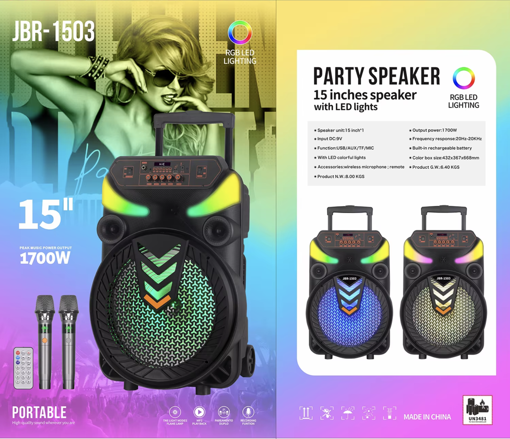 JBR-1503 Trolley Bluetooth Speaker 15 Inch RGB Subwoofer Loudspeaker