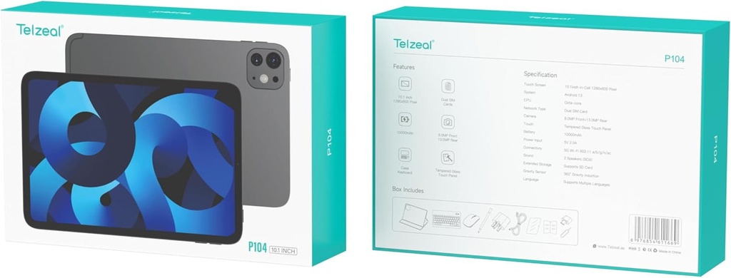 Telzeal P104 Android Tablet, 10.1-inch, 13MP Dual Camera