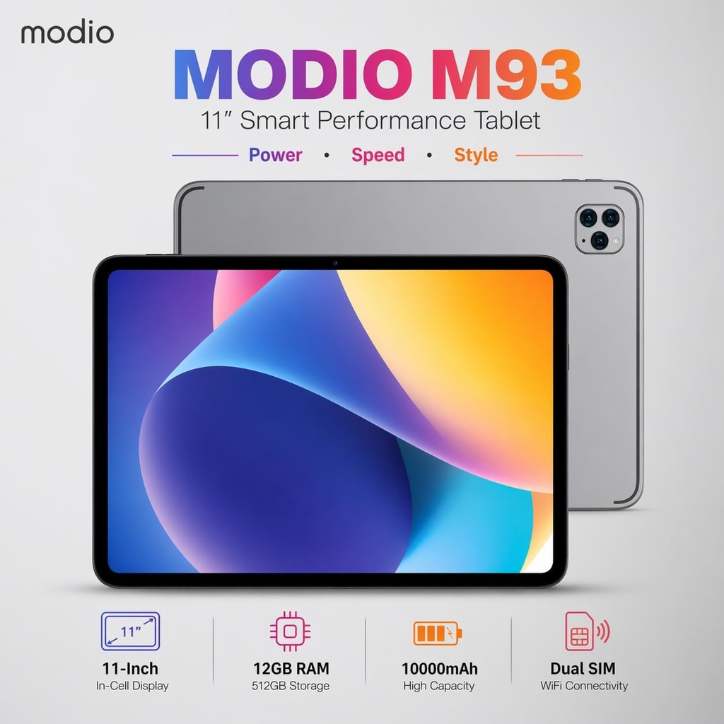 Modio M93 Tablet 11 Inch, 12GB RAM, 512GB Storage, Android 15